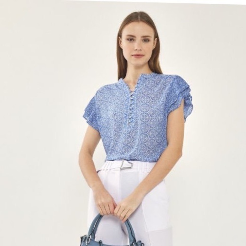 Golbary Ruffle Sleeve Blouse Womens 40/L Blue White Medallion Print